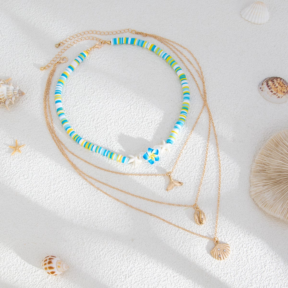 Bohemia Mermaid Shell Starfish Flower Pendant Polymer Clay Necklace Set - ArtGalleryZen