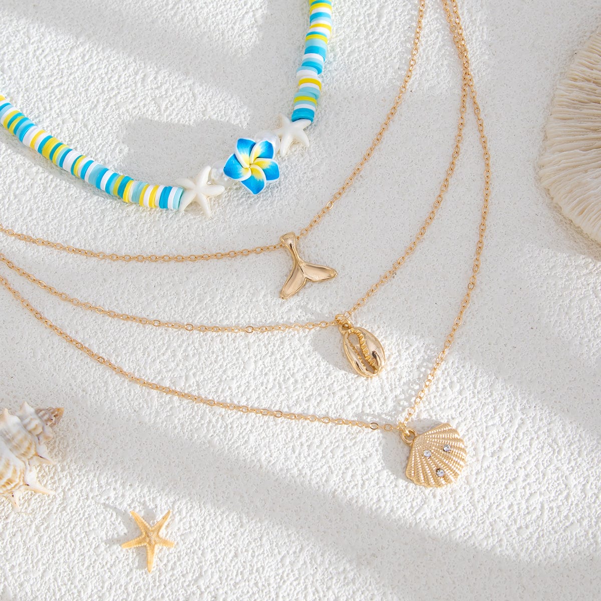 Bohemia Mermaid Shell Starfish Flower Pendant Polymer Clay Necklace Set - ArtGalleryZen