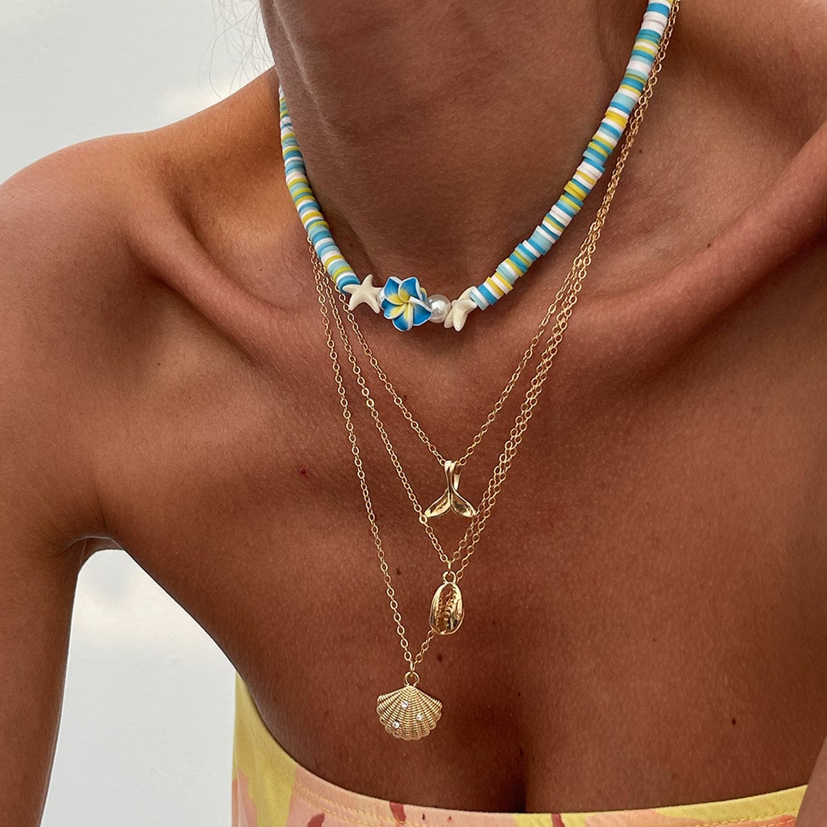 Bohemia Mermaid Shell Starfish Flower Pendant Polymer Clay Necklace Set - ArtGalleryZen