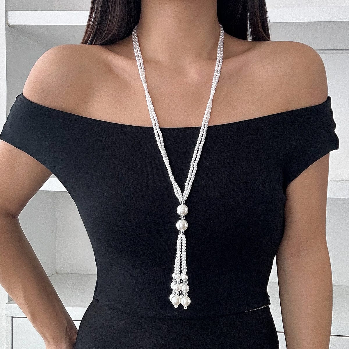 Bohemia Pearl Crystal Tassel Long Chain Y Necklace