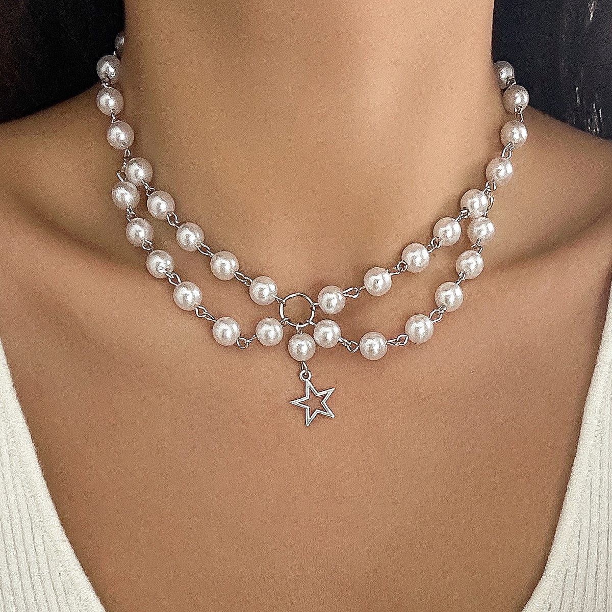 Bohemia Star Pendant Layered Pearl Chain Necklace