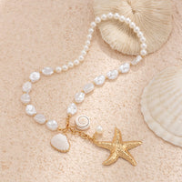 Thumbnail for Bohemia Starfish Conch Pendant Pearl Chain Necklace - ArtGalleryZen