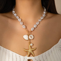 Thumbnail for Bohemia Starfish Conch Pendant Pearl Chain Necklace - ArtGalleryZen