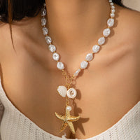 Thumbnail for Bohemia Starfish Conch Pendant Pearl Chain Necklace - ArtGalleryZen