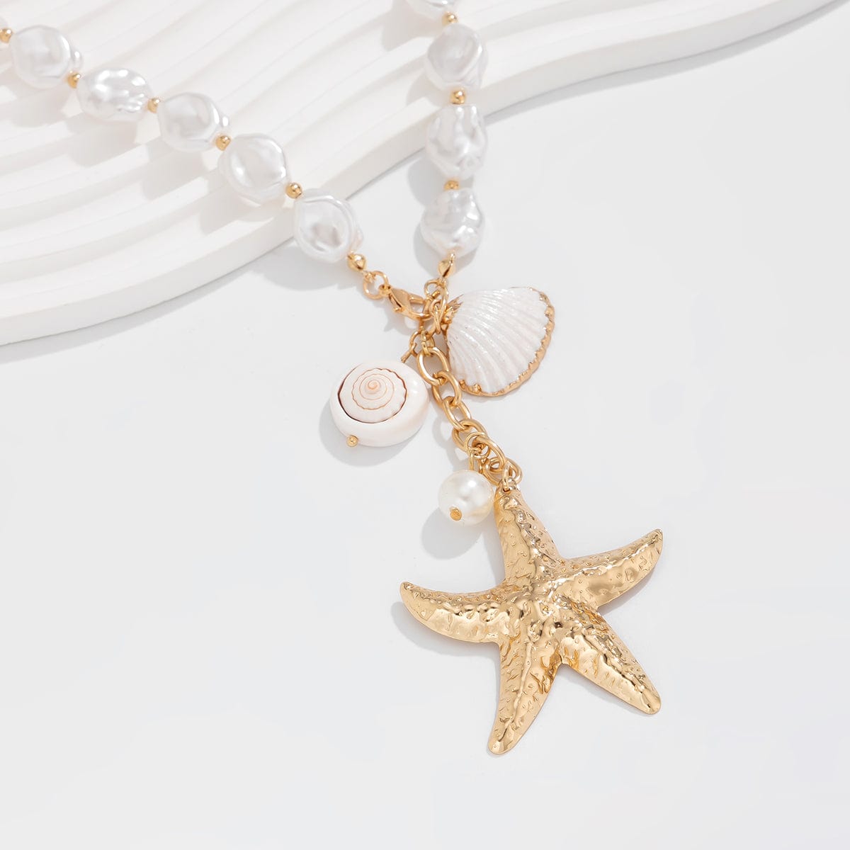 Bohemia Starfish Conch Pendant Pearl Chain Necklace