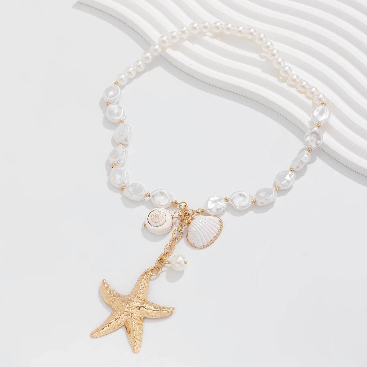 Bohemia Starfish Conch Pendant Pearl Chain Necklace