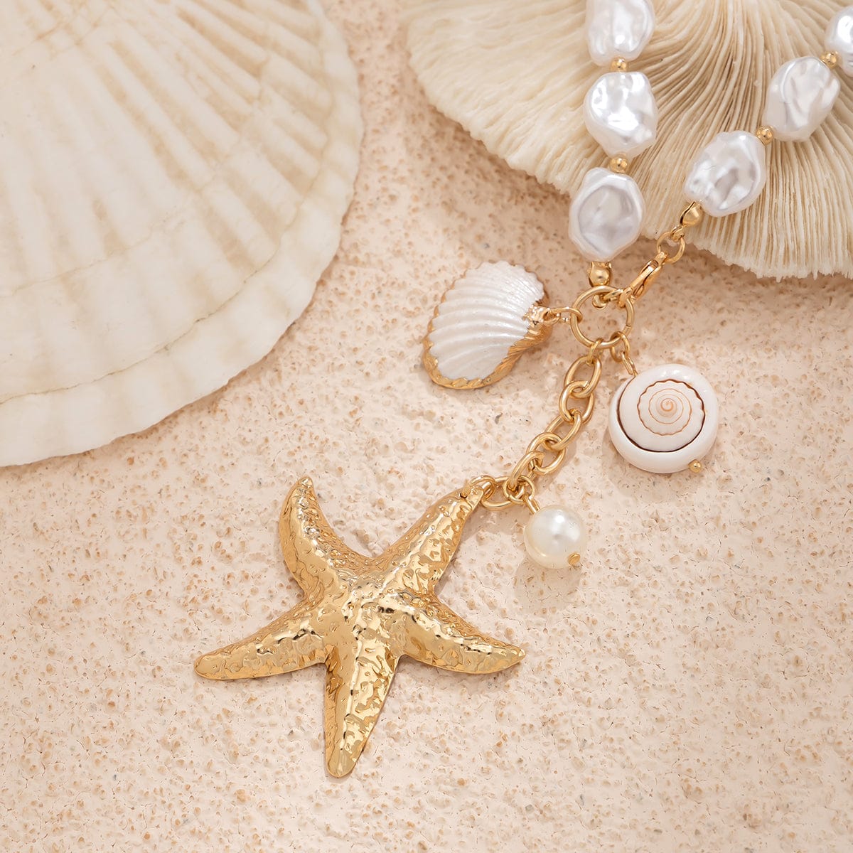 Bohemia Starfish Conch Pendant Pearl Chain Necklace