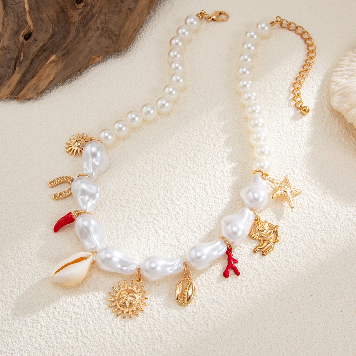 Bohemia Sun Conch Angel Charm Irregular Pearl Chain Necklace - ArtGalleryZen