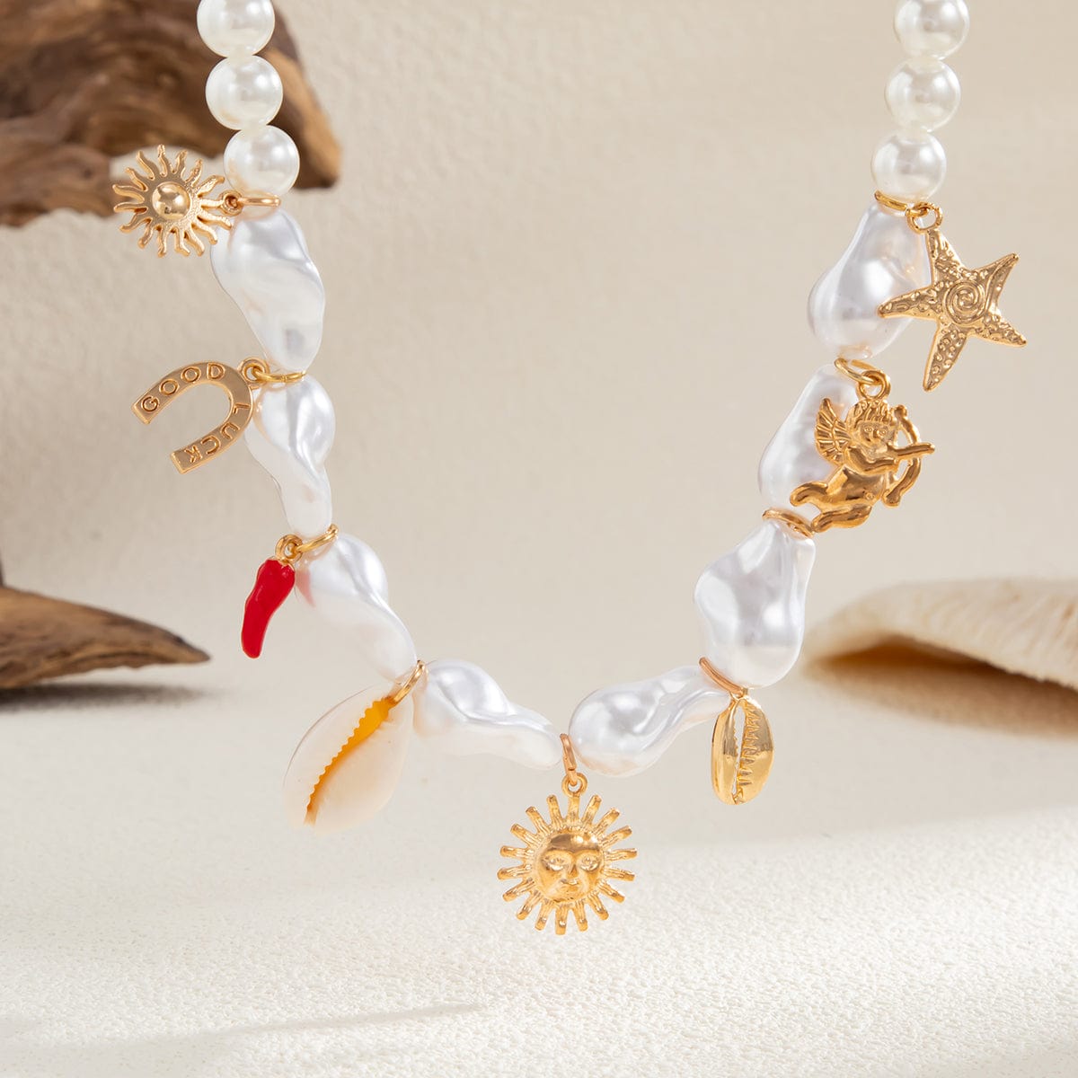 Bohemia Sun Conch Angel Charm Irregular Pearl Chain Necklace - ArtGalleryZen