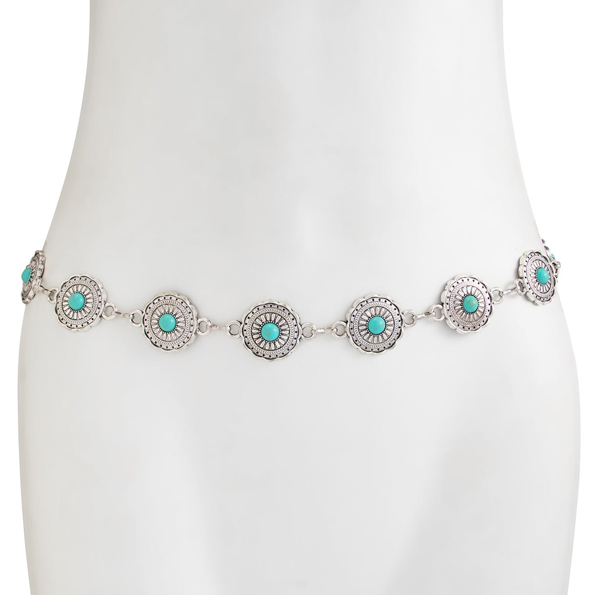 Bohemia Turquoise Inlaid Flower Round Disk Waist Chain - ArtGalleryZen