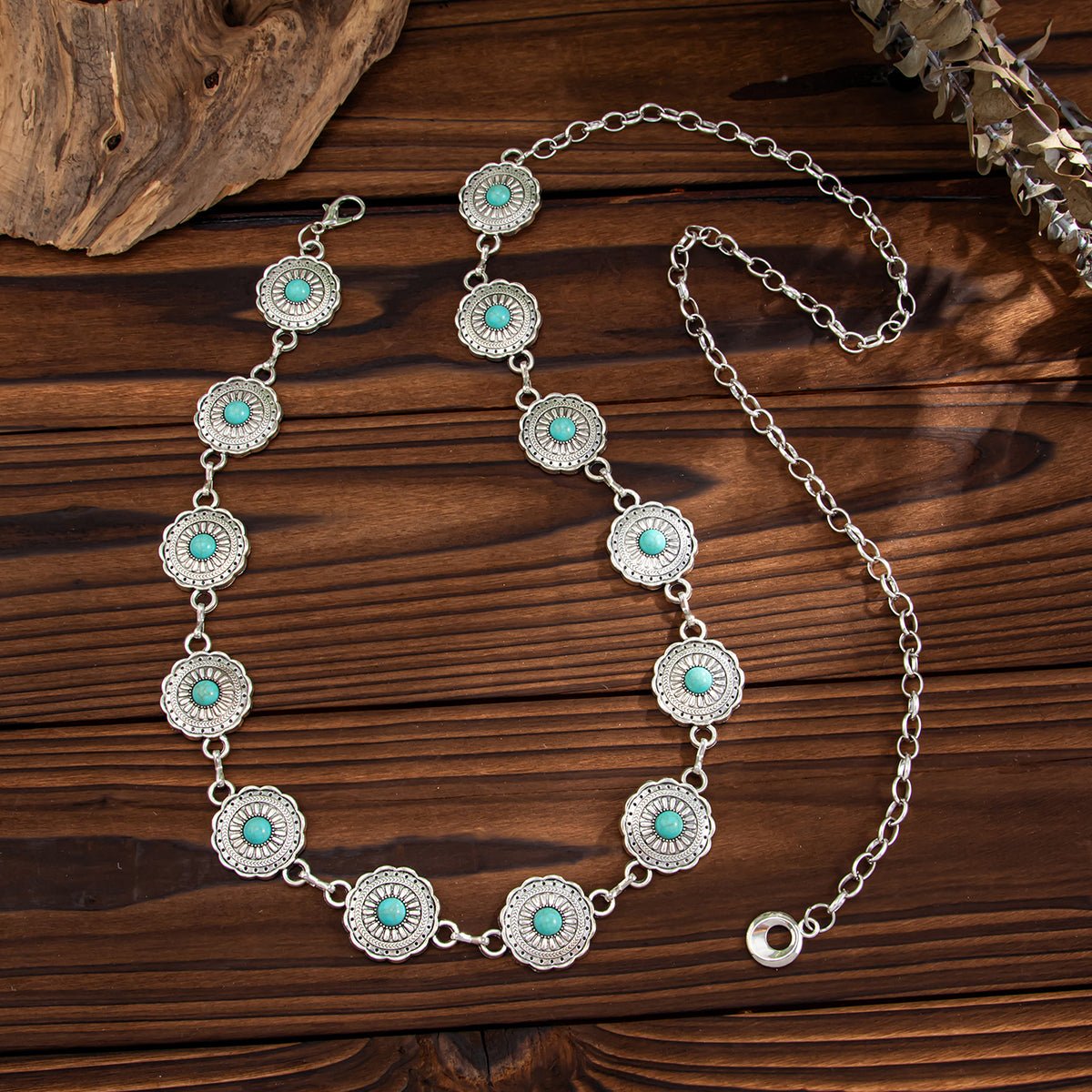 Bohemia Turquoise Inlaid Flower Round Disk Waist Chain - ArtGalleryZen