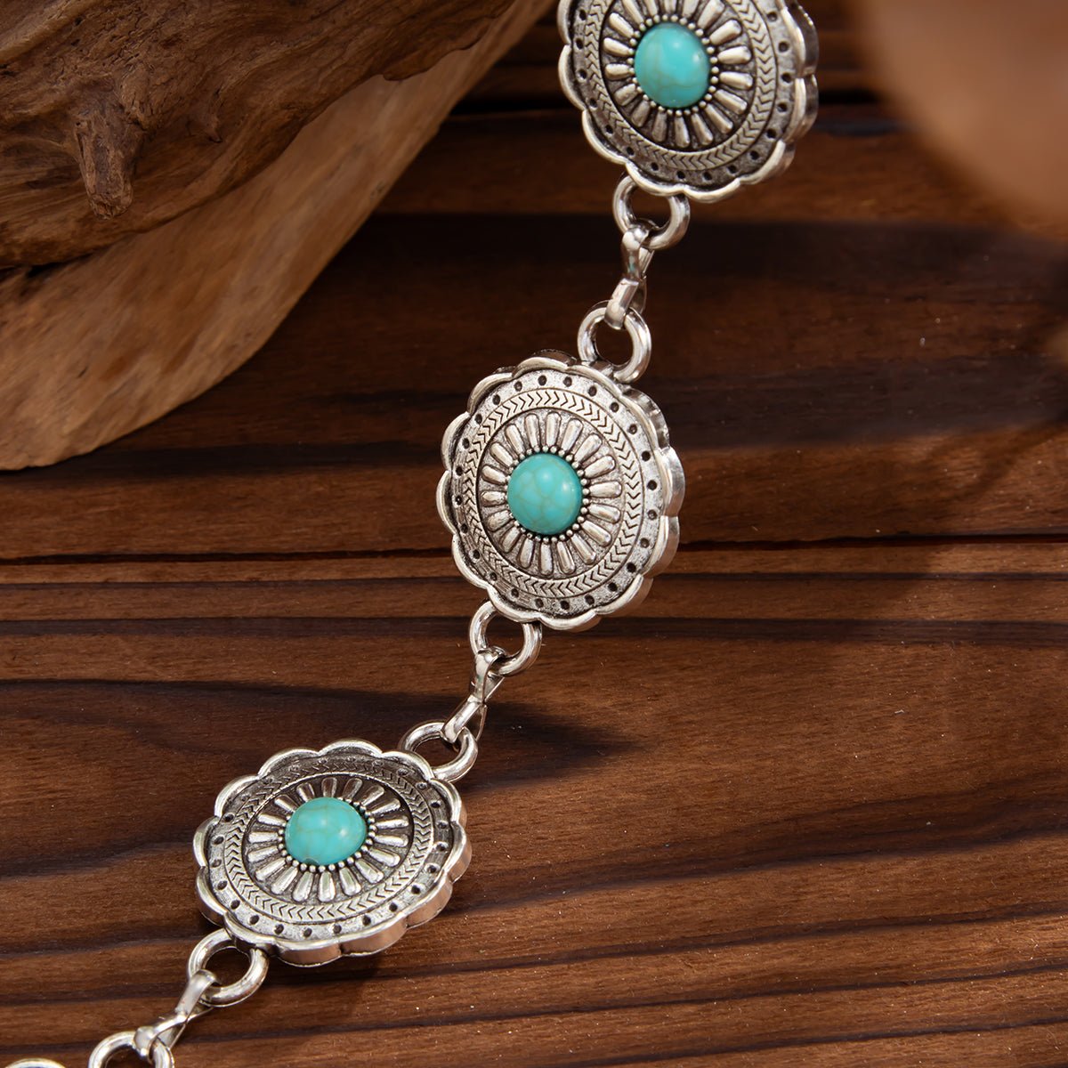 Bohemia Turquoise Inlaid Flower Round Disk Waist Chain - ArtGalleryZen