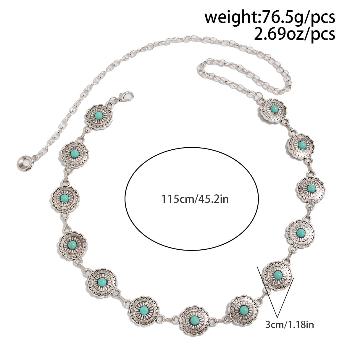 Bohemia Turquoise Inlaid Flower Round Disk Waist Chain - ArtGalleryZen