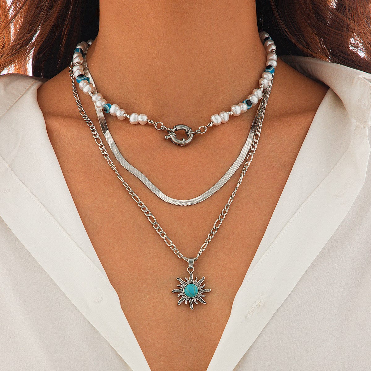 Bohemia Turquoise Inlaid Sun Pendant Evil Eye Pearl Chain Necklace Set - ArtGalleryZen