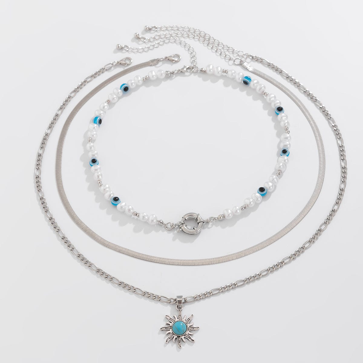 Bohemia Turquoise Inlaid Sun Pendant Evil Eye Pearl Chain Necklace Set - ArtGalleryZen