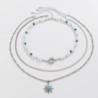 Thumbnail for Bohemia Turquoise Inlaid Sun Pendant Evil Eye Pearl Chain Necklace Set - ArtGalleryZen
