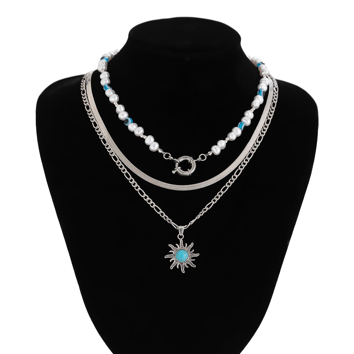 Bohemia Turquoise Inlaid Sun Pendant Evil Eye Pearl Chain Necklace Set - ArtGalleryZen