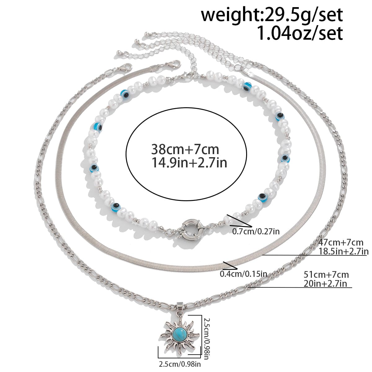 Bohemia Turquoise Inlaid Sun Pendant Evil Eye Pearl Chain Necklace Set - ArtGalleryZen