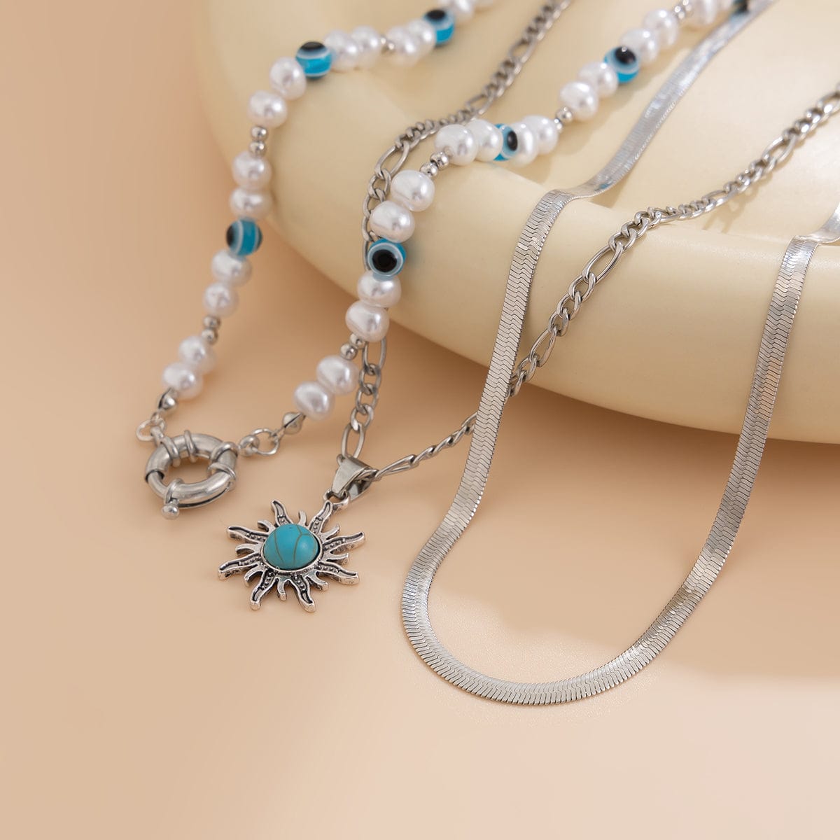 Bohemia Turquoise Inlaid Sun Pendant Evil Eye Pearl Chain Necklace Set - ArtGalleryZen