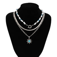 Thumbnail for Bohemia Turquoise Inlaid Sun Pendant Evil Eye Pearl Chain Necklace Set