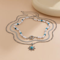 Thumbnail for Bohemia Turquoise Inlaid Sun Pendant Evil Eye Pearl Chain Necklace Set