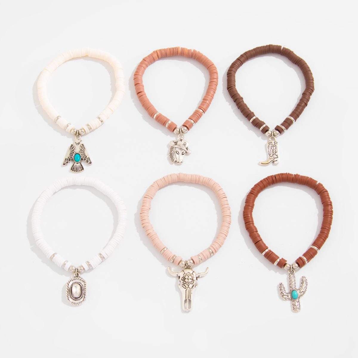 Bohemian 6pcs Cactus Cowboy Hat Charm Polymer Clay Beaded Bracelet Set - ArtGalleryZen