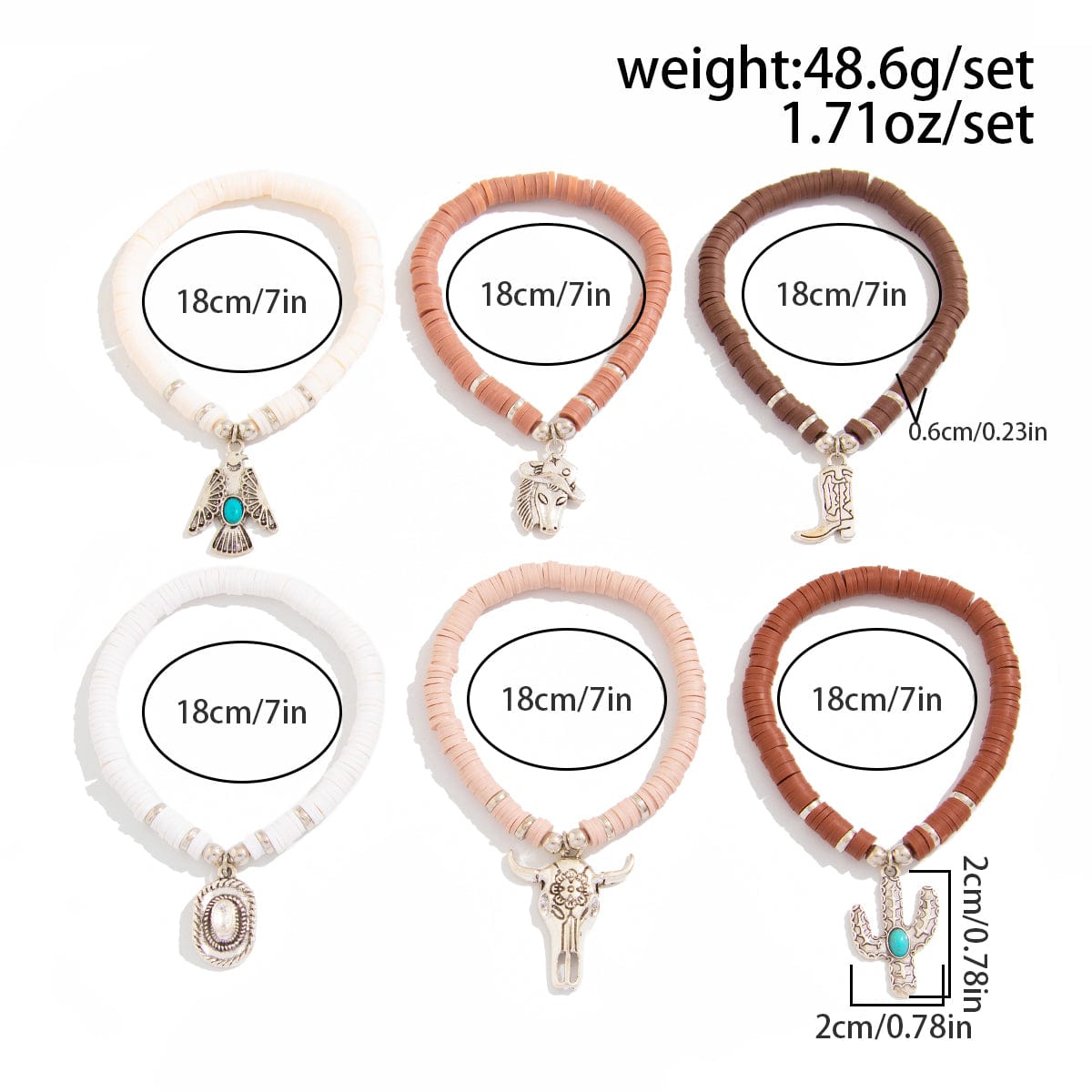 Bohemian 6pcs Cactus Cowboy Hat Charm Polymer Clay Beaded Bracelet Set - ArtGalleryZen