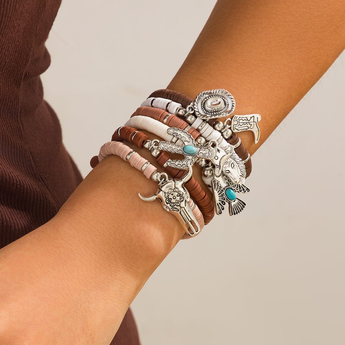 Bohemian 6pcs Cactus Cowboy Hat Charm Polymer Clay Beaded Bracelet Set - ArtGalleryZen