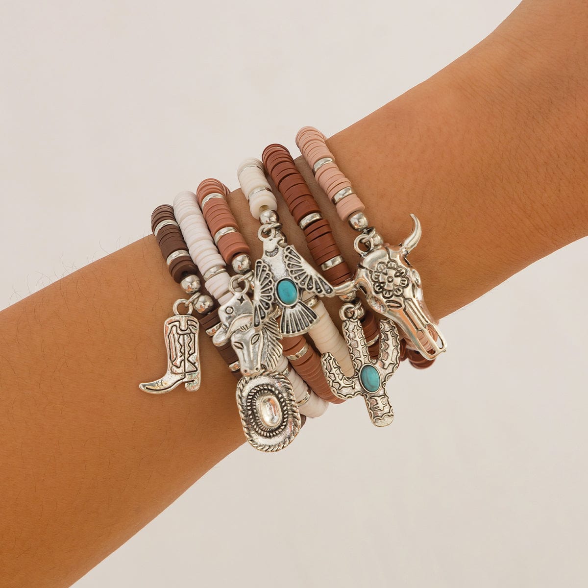 Bohemian 6pcs Cactus Cowboy Hat Charm Polymer Clay Beaded Bracelet Set