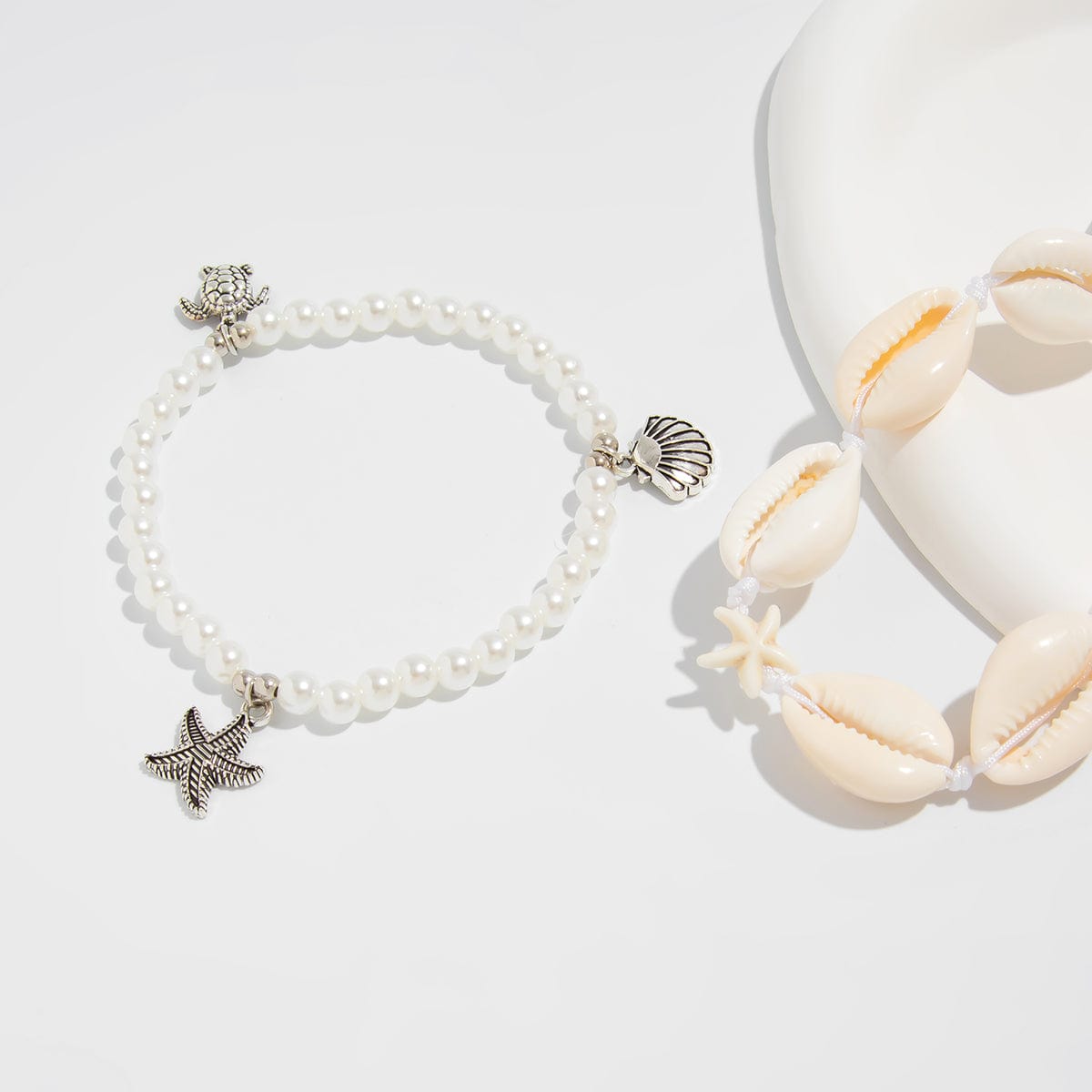 Boho 2pcs Conch Shell Starfish Charm Pearl Chain Anklet Set - ArtGalleryZen
