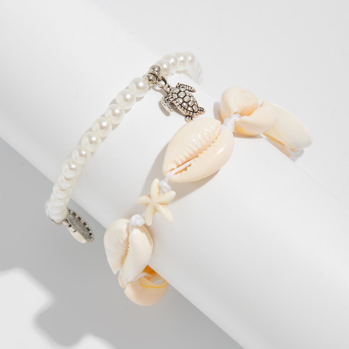 Boho 2pcs Conch Shell Starfish Charm Pearl Chain Anklet Set - ArtGalleryZen