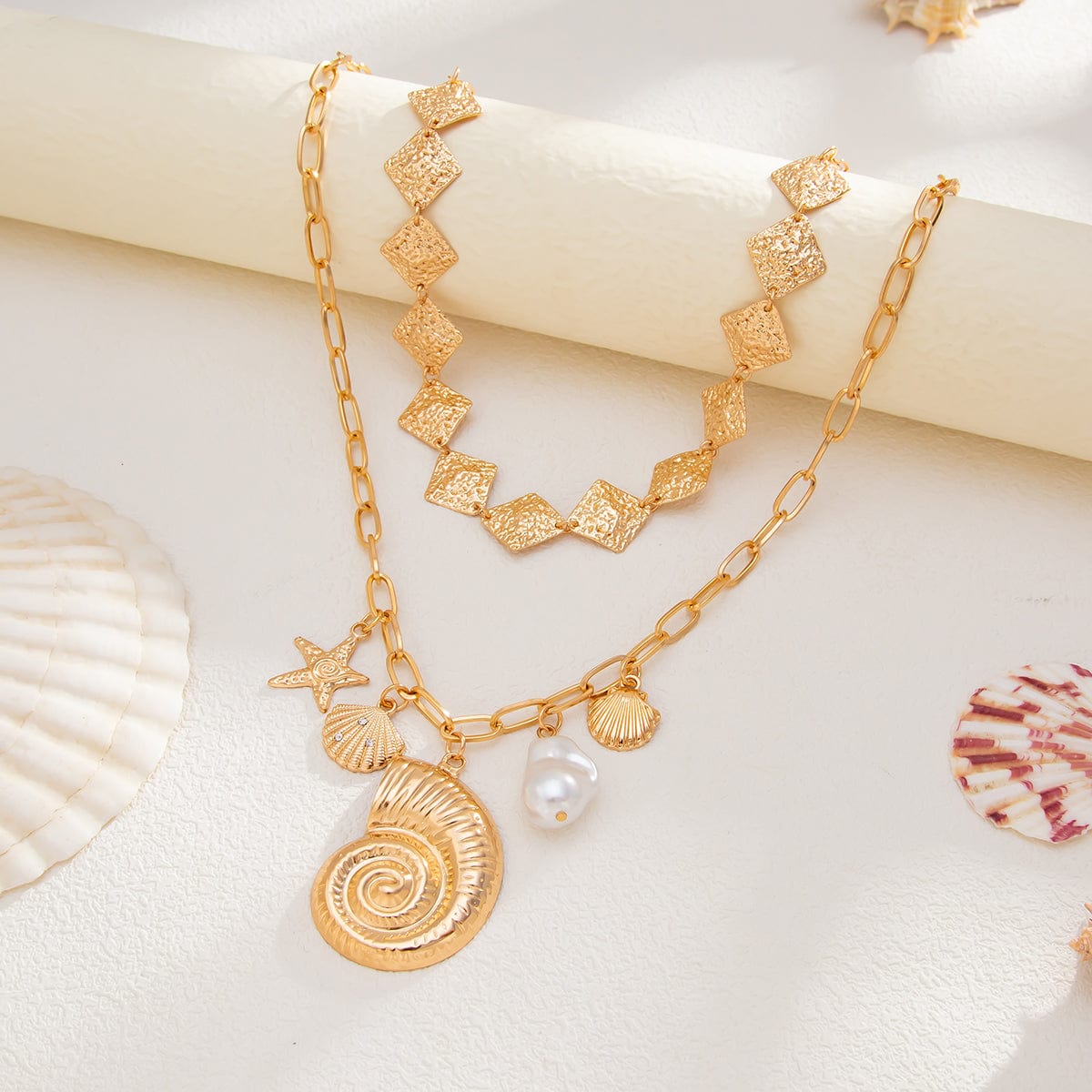 Boho 2pcs Conch Shell Starfish Pearl Charm Square Choker Necklace Set - ArtGalleryZen