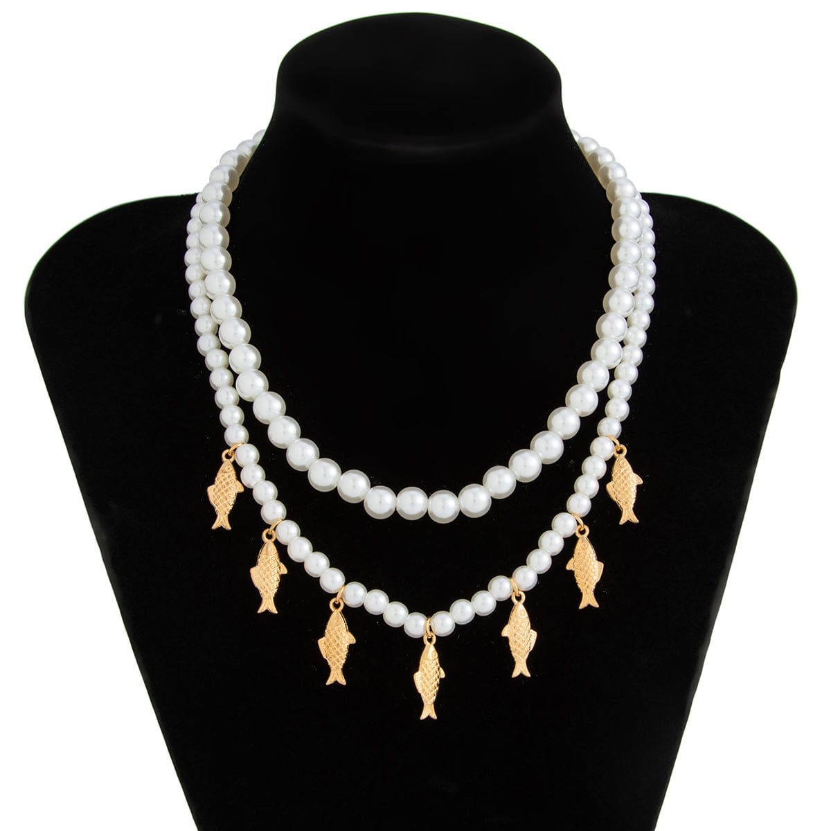 Boho 2pcs Goldfish Pendant Pearl Chain Necklace Set - ArtGalleryZen
