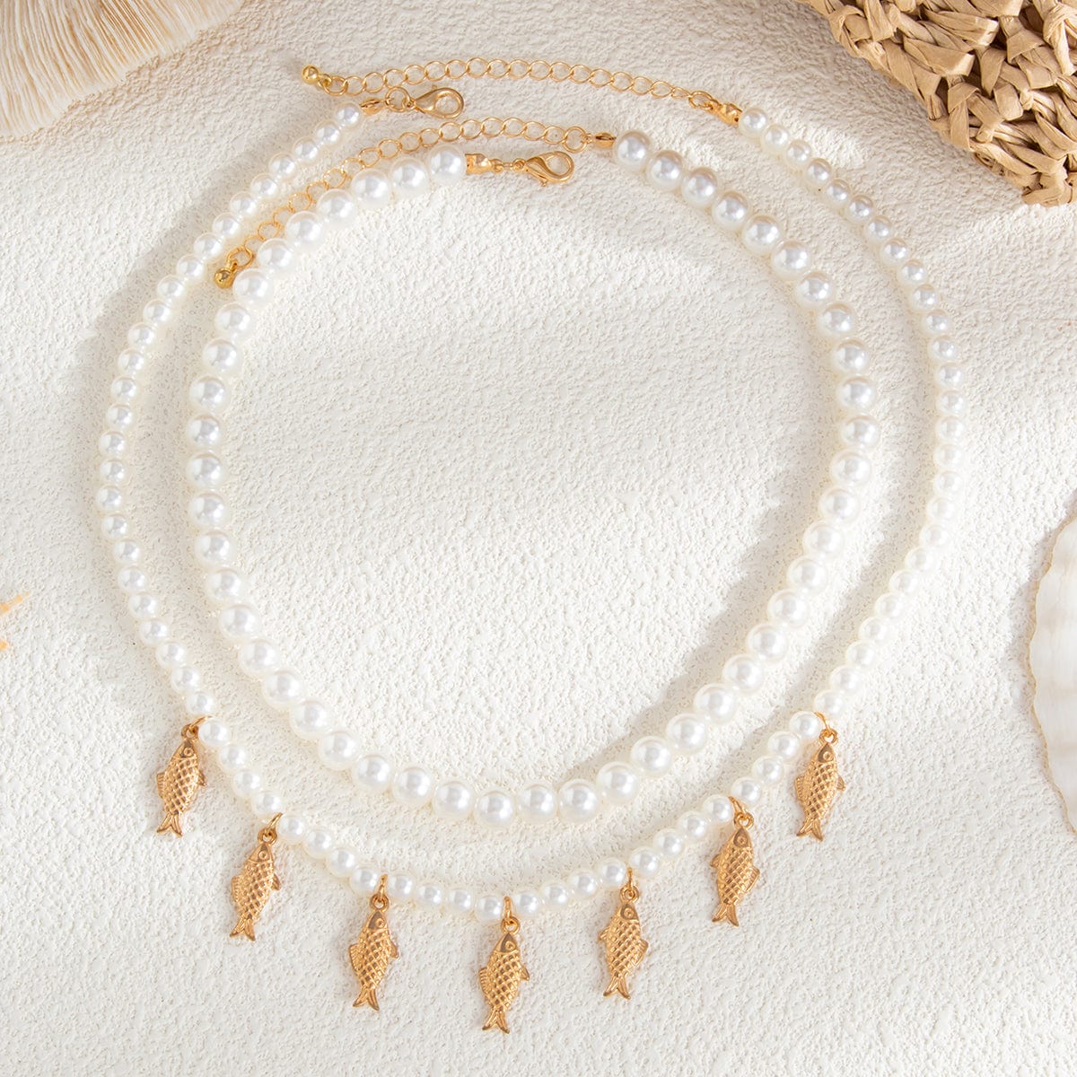 Boho 2pcs Goldfish Pendant Pearl Chain Necklace Set - ArtGalleryZen