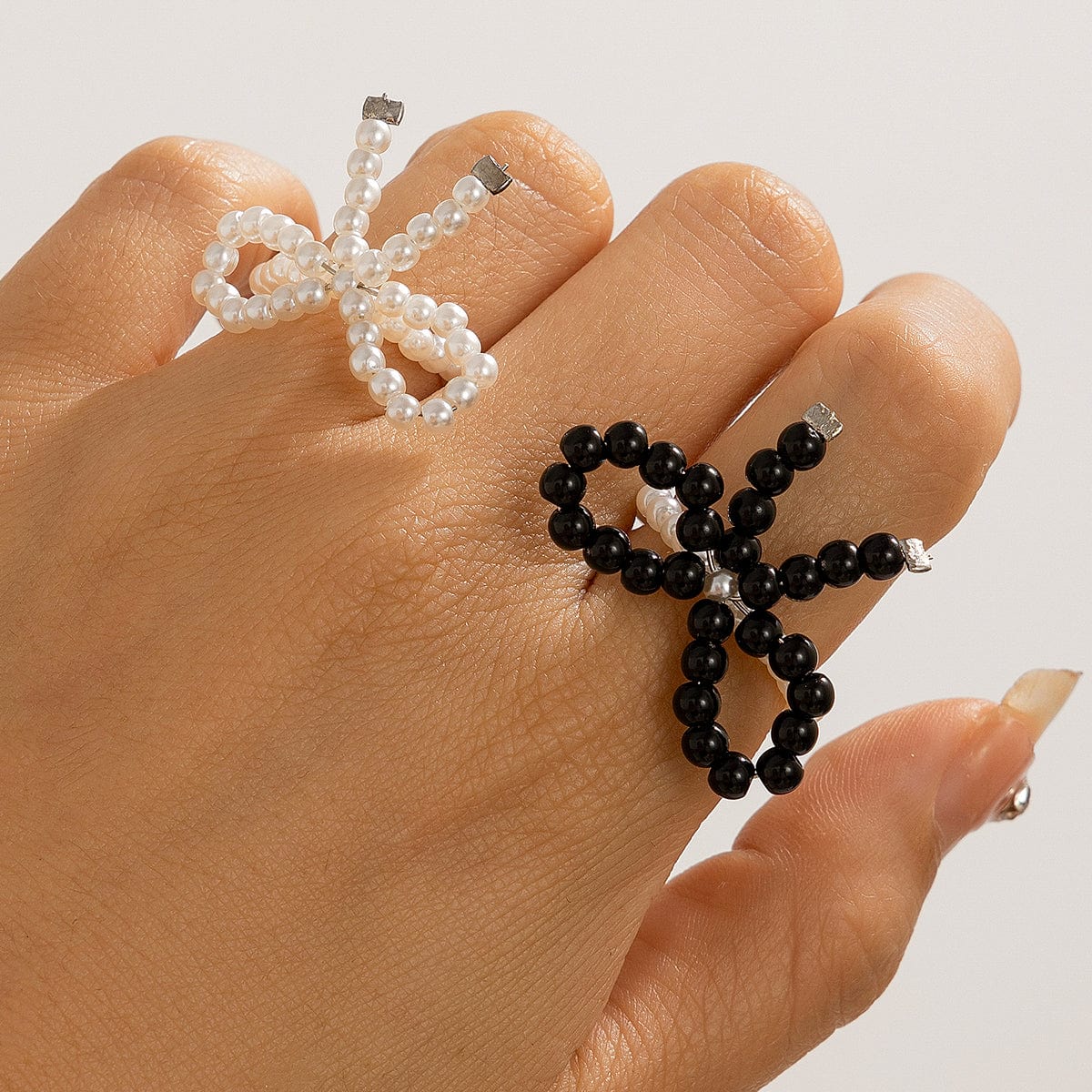 Boho 2Pcs Pearl Beaded Bowknot Ring Set