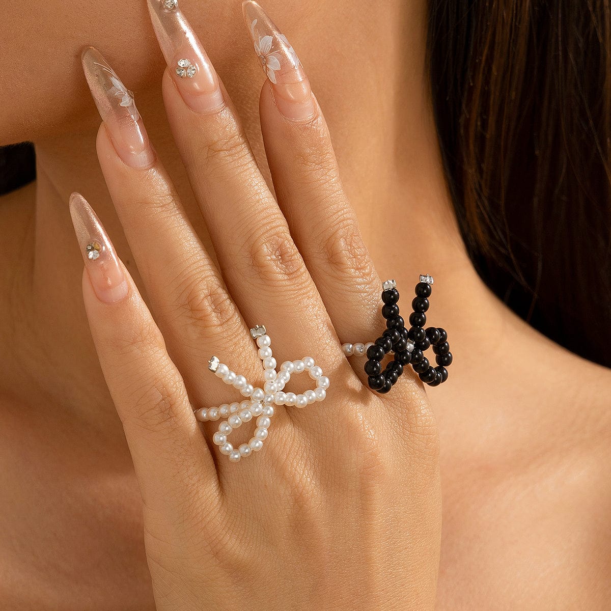 Boho 2Pcs Pearl Beaded Bowknot Ring Set