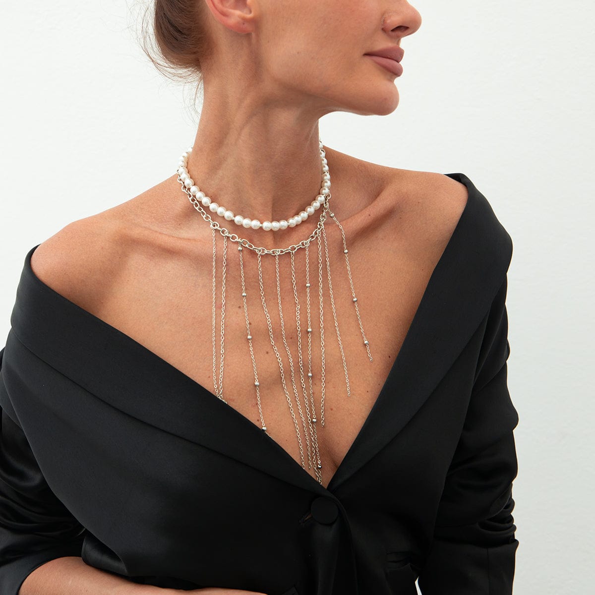 Boho 2pcs Pearl Chain Tassel Choker Necklace Set - ArtGalleryZen