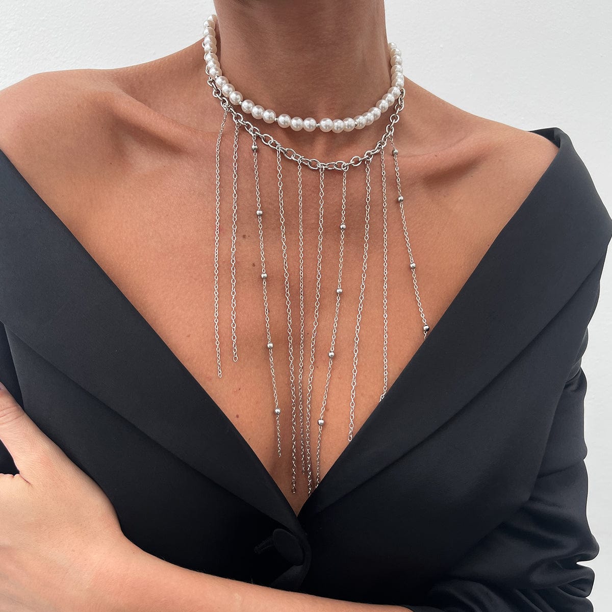 Boho 2pcs Pearl Chain Tassel Choker Necklace Set - ArtGalleryZen