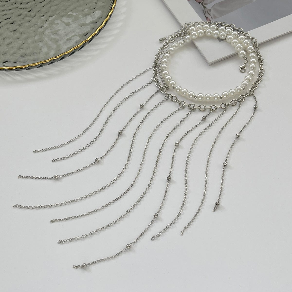 Boho 2pcs Pearl Chain Tassel Choker Necklace Set - ArtGalleryZen