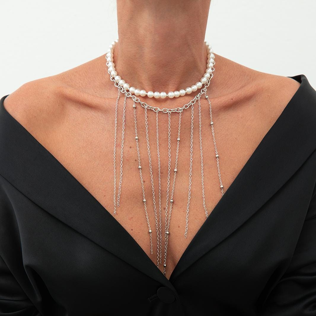 Boho 2pcs Pearl Chain Tassel Choker Necklace Set - ArtGalleryZen