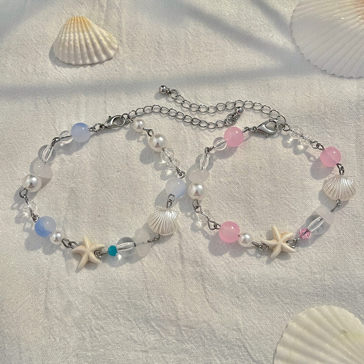 Boho 2pcs Pearl Shell Starfish Glass Beaded Bracelet Set - ArtGalleryZen
