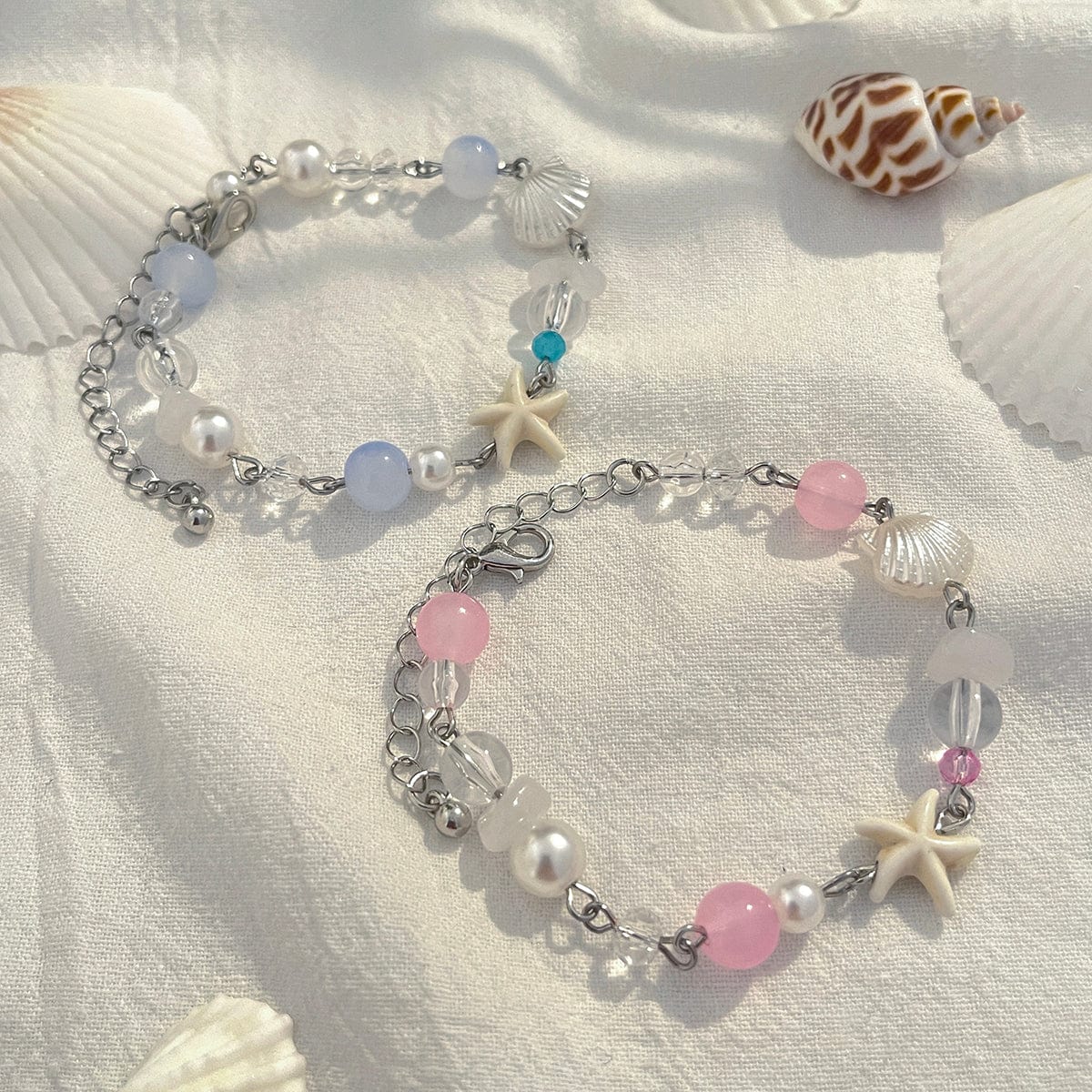 Boho 2pcs Pearl Shell Starfish Glass Beaded Bracelet Set - ArtGalleryZen