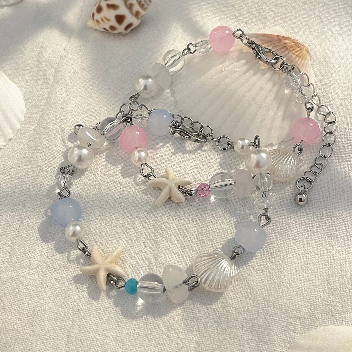 Boho 2pcs Pearl Shell Starfish Glass Beaded Bracelet Set - ArtGalleryZen