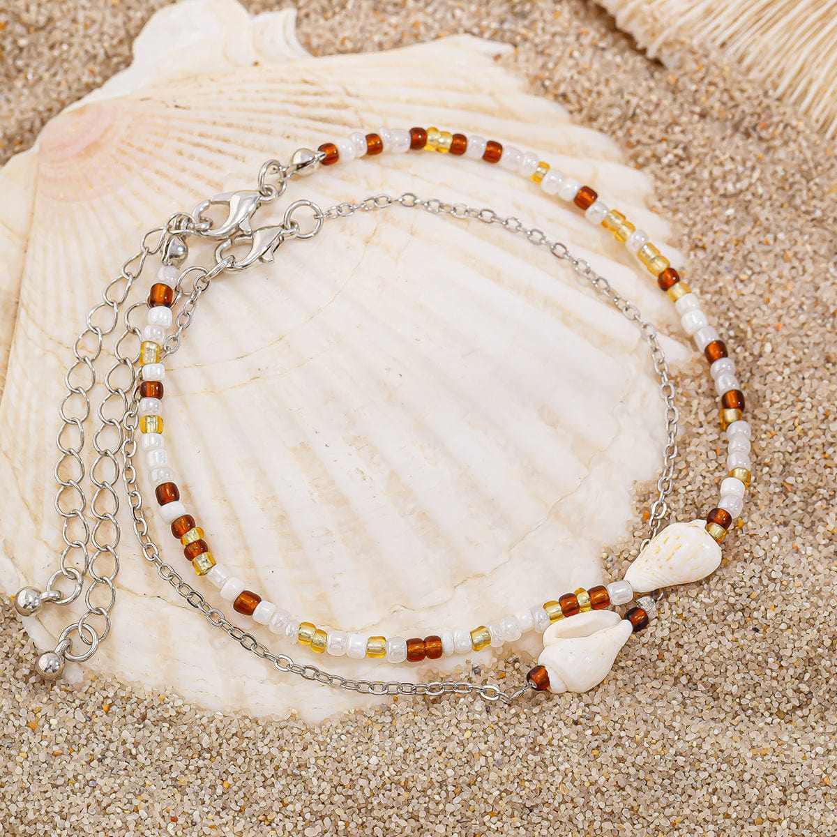 Boho 2Pcs Shell Charm Beaded Curb Chain Anklet Set - ArtGalleryZen