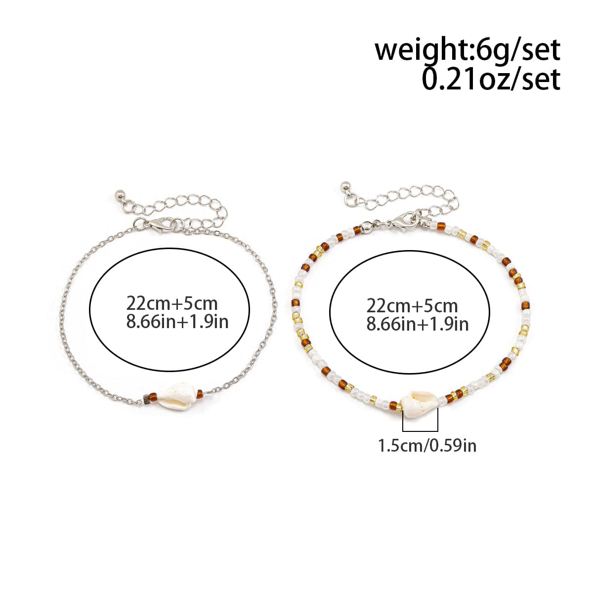 Boho 2Pcs Shell Charm Beaded Curb Chain Anklet Set