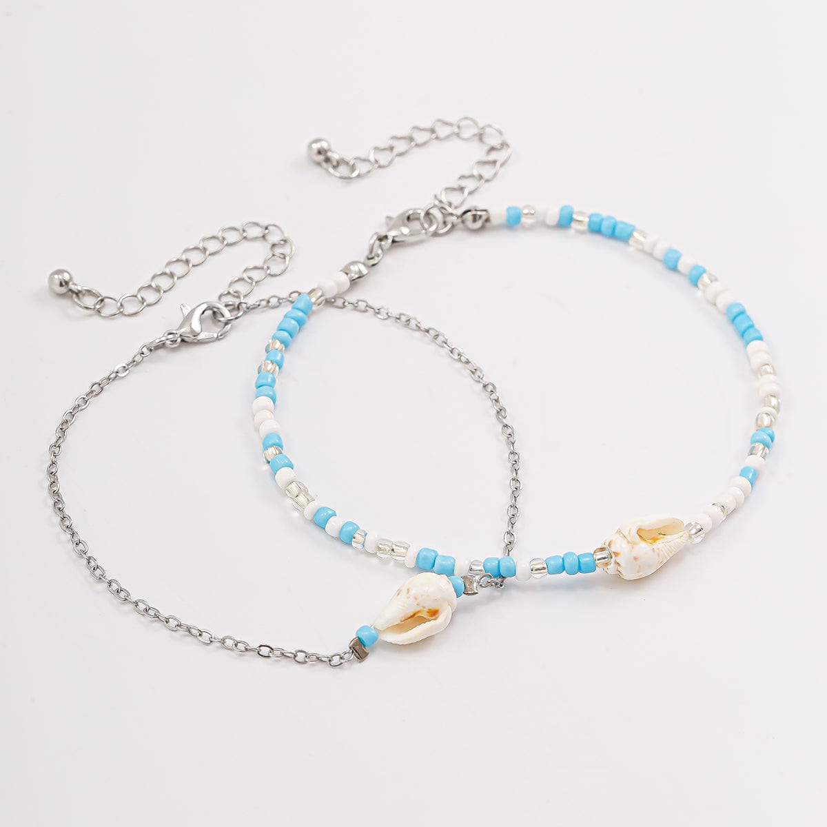 Boho 2Pcs Shell Charm Beaded Curb Chain Anklet Set