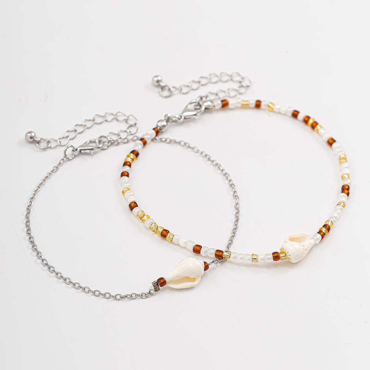 Boho 2Pcs Shell Charm Beaded Curb Chain Anklet Set