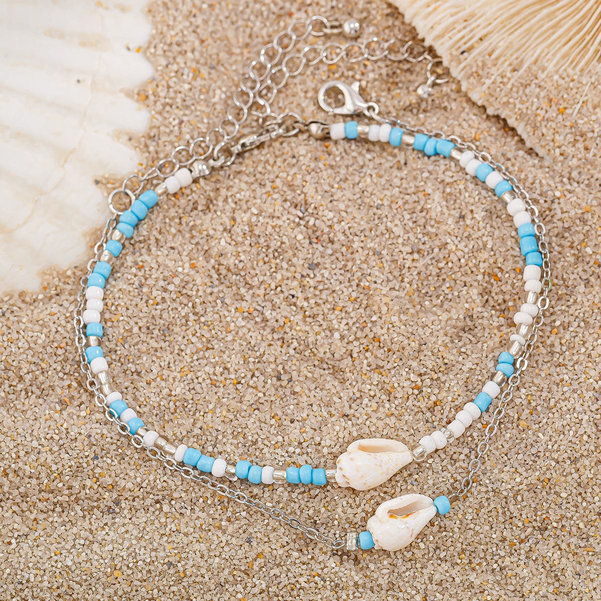 Boho 2Pcs Shell Charm Beaded Curb Chain Anklet Set