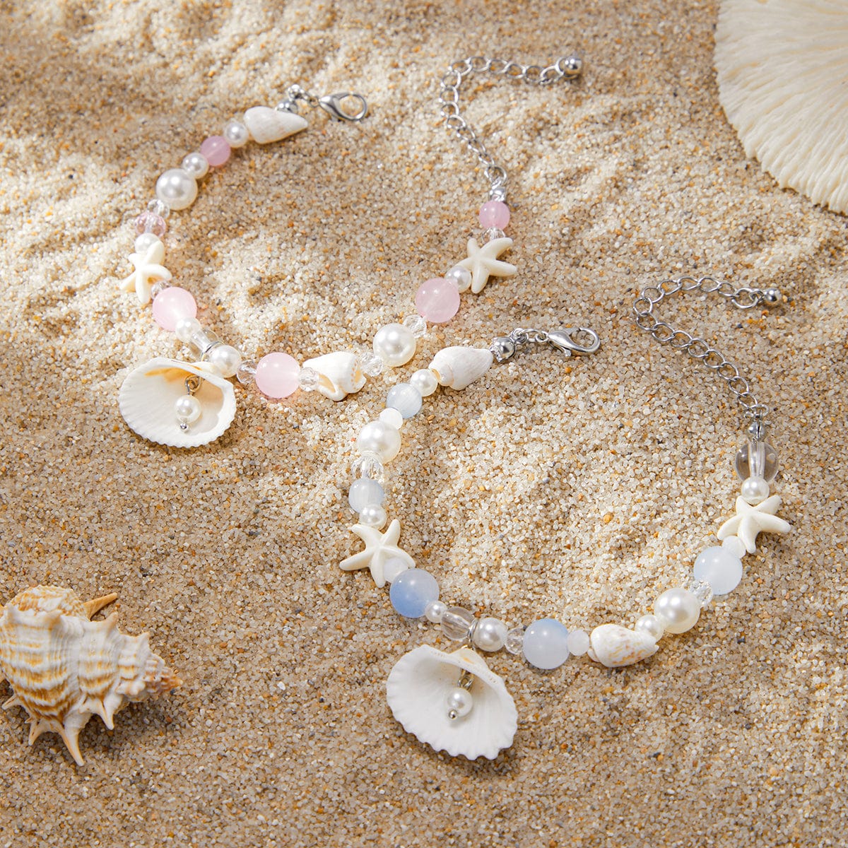 Boho 2pcs Shell Starfish Charm Pearl Glass Bead Bracelet Set - ArtGalleryZen