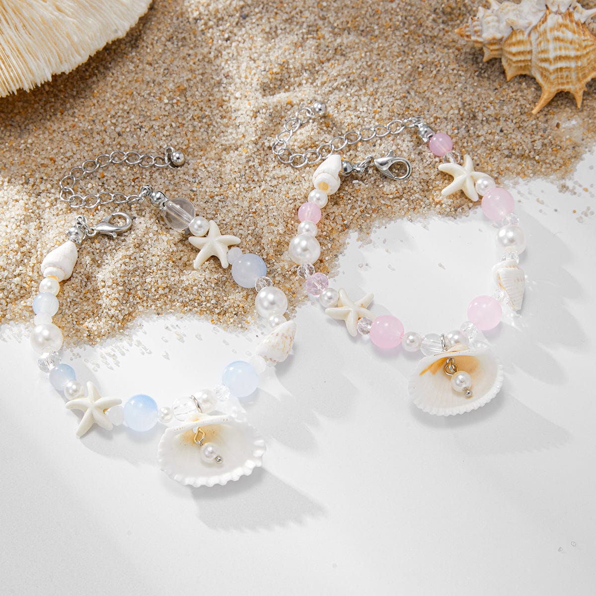 Boho 2pcs Shell Starfish Charm Pearl Glass Bead Bracelet Set - ArtGalleryZen